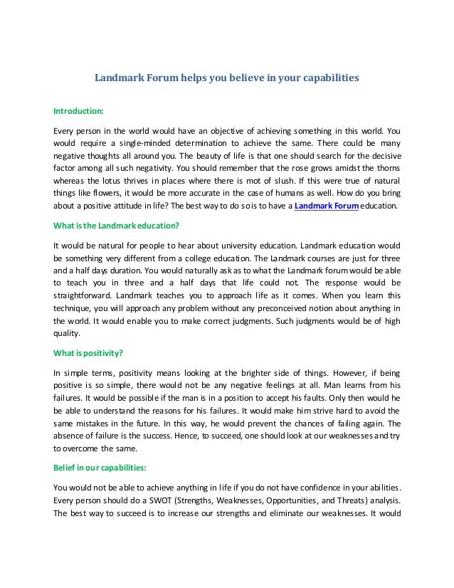 Landmark forum helps you believe in your capabilities