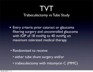 TVT
                              Trabeculectomy vs Tube Study


                •      Entry criteria: prior cataract or ...