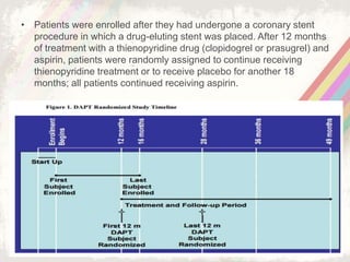 • Patients were enrolled after they had undergone a coronary stent
procedure in which a drug-eluting stent was placed. After 12 months
of treatment with a thienopyridine drug (clopidogrel or prasugrel) and
aspirin, patients were randomly assigned to continue receiving
thienopyridine treatment or to receive placebo for another 18
months; all patients continued receiving aspirin.
 