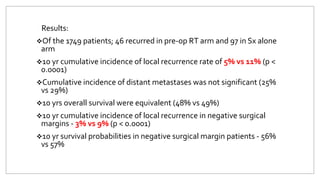 Results:
Of the 1749 patients; 46 recurred in pre-op RT arm and 97 in Sx alone
arm
10 yr cumulative incidence of local recurrence rate of 5% vs 11% (p <
0.0001)
Cumulative incidence of distant metastases was not significant (25%
vs 29%)
10 yrs overall survival were equivalent (48% vs 49%)
10 yr cumulative incidence of local recurrence in negative surgical
margins - 3% vs 9% (p < 0.0001)
10 yr survival probabilities in negative surgical margin patients - 56%
vs 57%
 