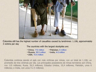 C olombia still has the highest number of casualties caused by landmines: 1.106, approximately 3 victims per day  The countries with the largest stockpiles are: C olombia continúa siendo el país con más víctimas por minas, con un total de 1.106; un promedio de tres víctimas por día. Los principales poseedores de minas terrestres son China, con 110 millones; Rusia, 26,5 millones; Estados Unidos, 10,4 millones; Pakistán, unos 6 millones; e India, con unos 4 o 5 millones China ,  110 million Russia ,  26.5 million USA ,  10.4 million Pakistan ,  6 million India ,  4-5 million 