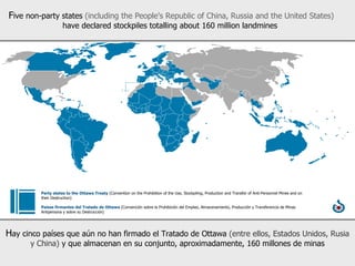 Party states to the Ottawa Treaty   (Convention on the Prohibition of the Use, Stockpiling, Production and Transfer of Anti-Personnel Mines and on their Destruction)  Países firmantes del Tratado de Ottawa   (Convención sobre la Prohibición del Empleo, Almacenamiento, Producción y Transferencia de Minas Antipersona y sobre su Destrucción)  F ive non-party states  (including the People's Republic of China, Russia and the United States)  have declared stockpiles totalling about 160 million landmines  H ay cinco países que aún no han firmado el Tratado de Ottawa  (entre ellos, Estados Unidos, Rusia y China)  y que almacenan en su conjunto, aproximadamente, 160 millones de minas 