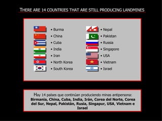 H ay 14 países que continúan produciendo minas antipersona:  Birmania, China, Cuba, India, Irán, Corea del Norte, Corea del Sur, Nepal, Pakistán, Rusia, Singapur, USA ,  Vietnam e Israel   Burma China Cuba India Iran North Korea South Korea T HERE ARE 14 COUNTRIES THAT ARE STILL PRODUCING LANDMINES Nepal Pakistan Russia Singapore USA Vietnam Israel 