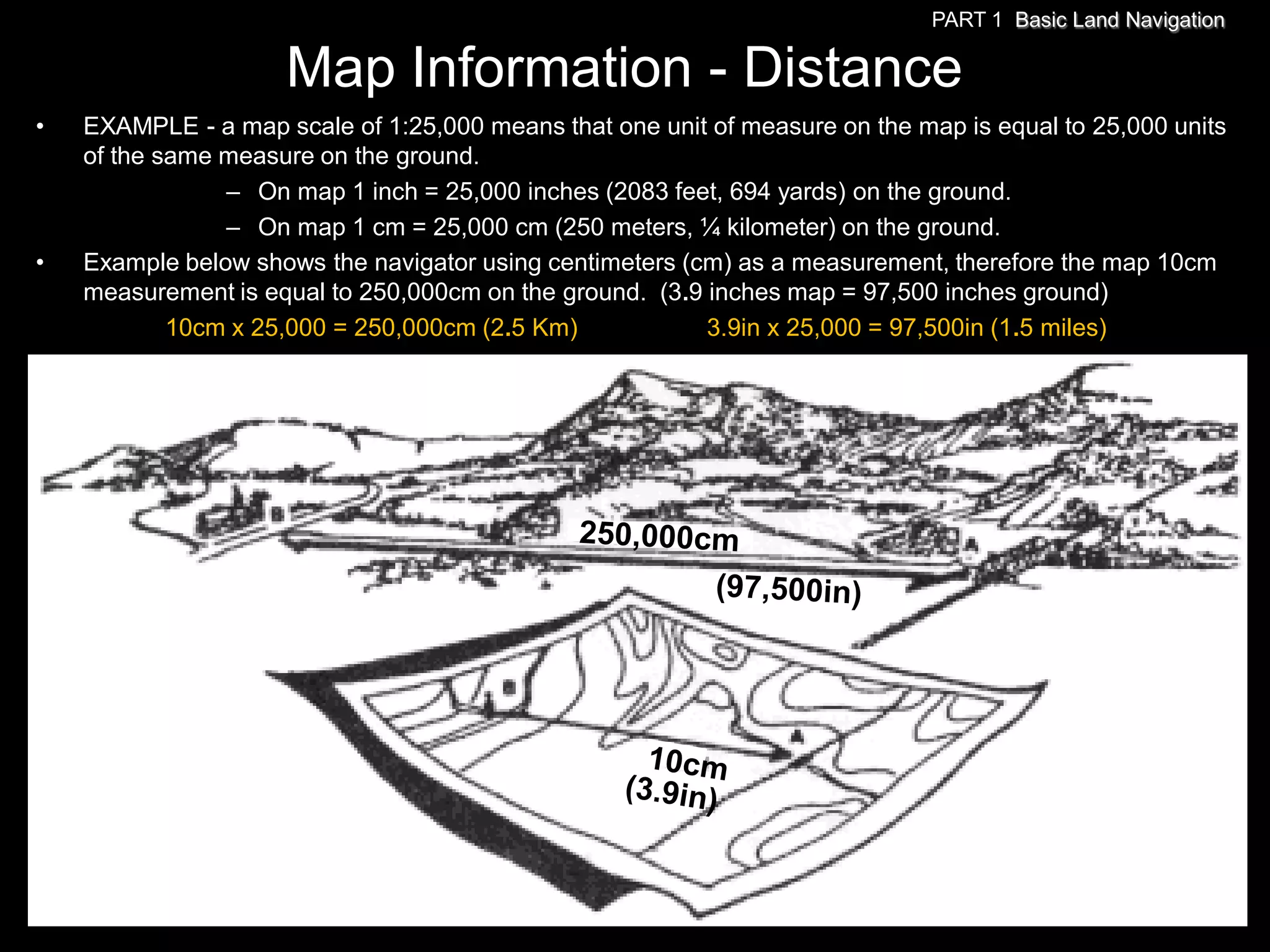 PART 1 Basic Land Navigation

                     Map Information - Distance
•   EXAMPLE - a map scale of 1:25,000 means that one unit of measure on the map is equal to 25,000 units
    of the same measure on the ground.
                – On map 1 inch = 25,000 inches (2083 feet, 694 yards) on the ground.
                – On map 1 cm = 25,000 cm (250 meters, ¼ kilometer) on the ground.
•   Example below shows the navigator using centimeters (cm) as a measurement, therefore the map 10cm
    measurement is equal to 250,000cm on the ground. (3.9 inches map = 97,500 inches ground)
            10cm x 25,000 = 250,000cm (2.5 Km)            3.9in x 25,000 = 97,500in (1.5 miles)
 
