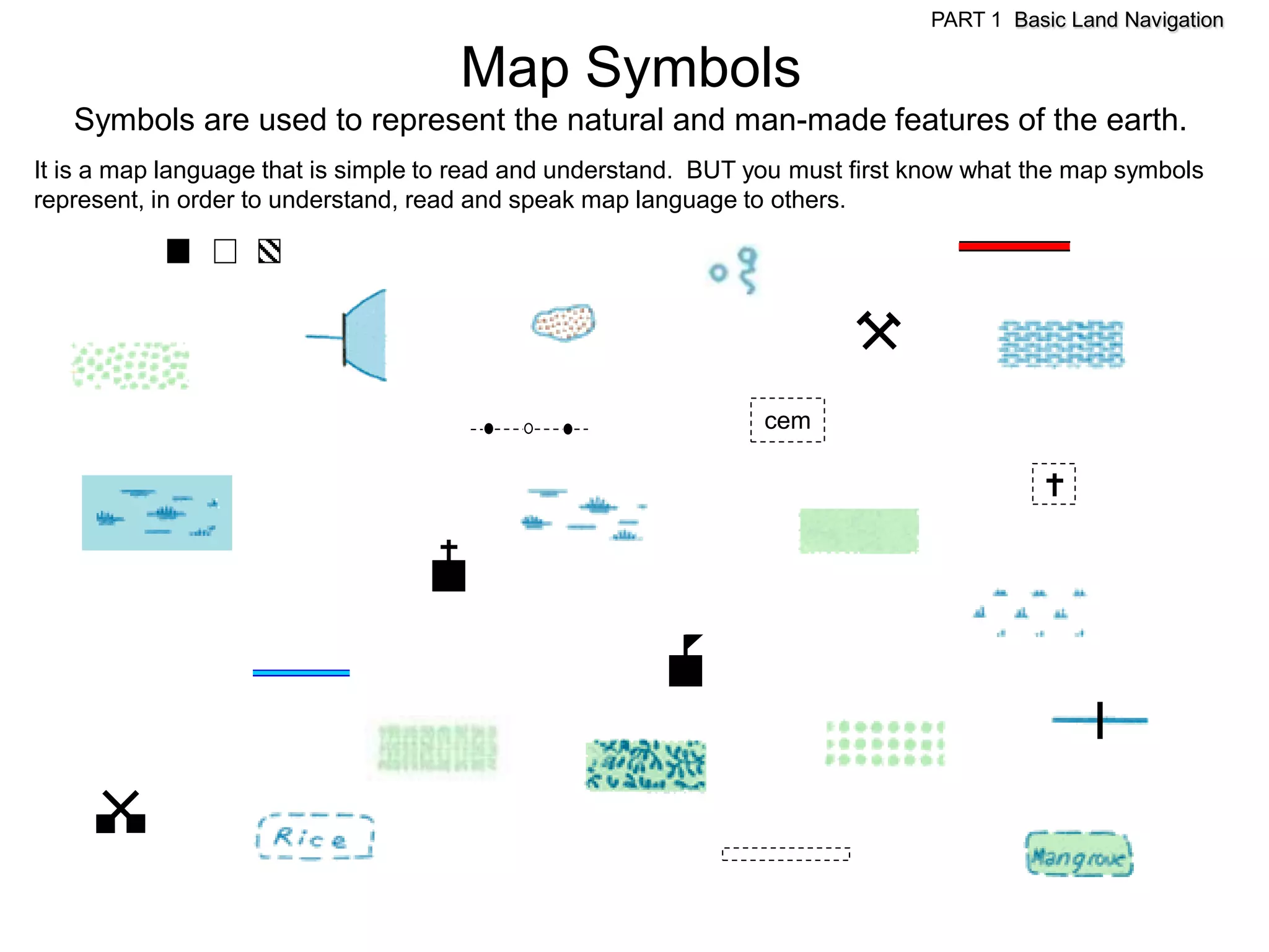 PART 1 Basic Land Navigation

                                     Map Symbols
   Symbols are used to represent the natural and man-made features of the earth.
It is a map language that is simple to read and understand. BUT you must first know what the map symbols
represent, in order to understand, read and speak map language to others.




                                                                cem
 