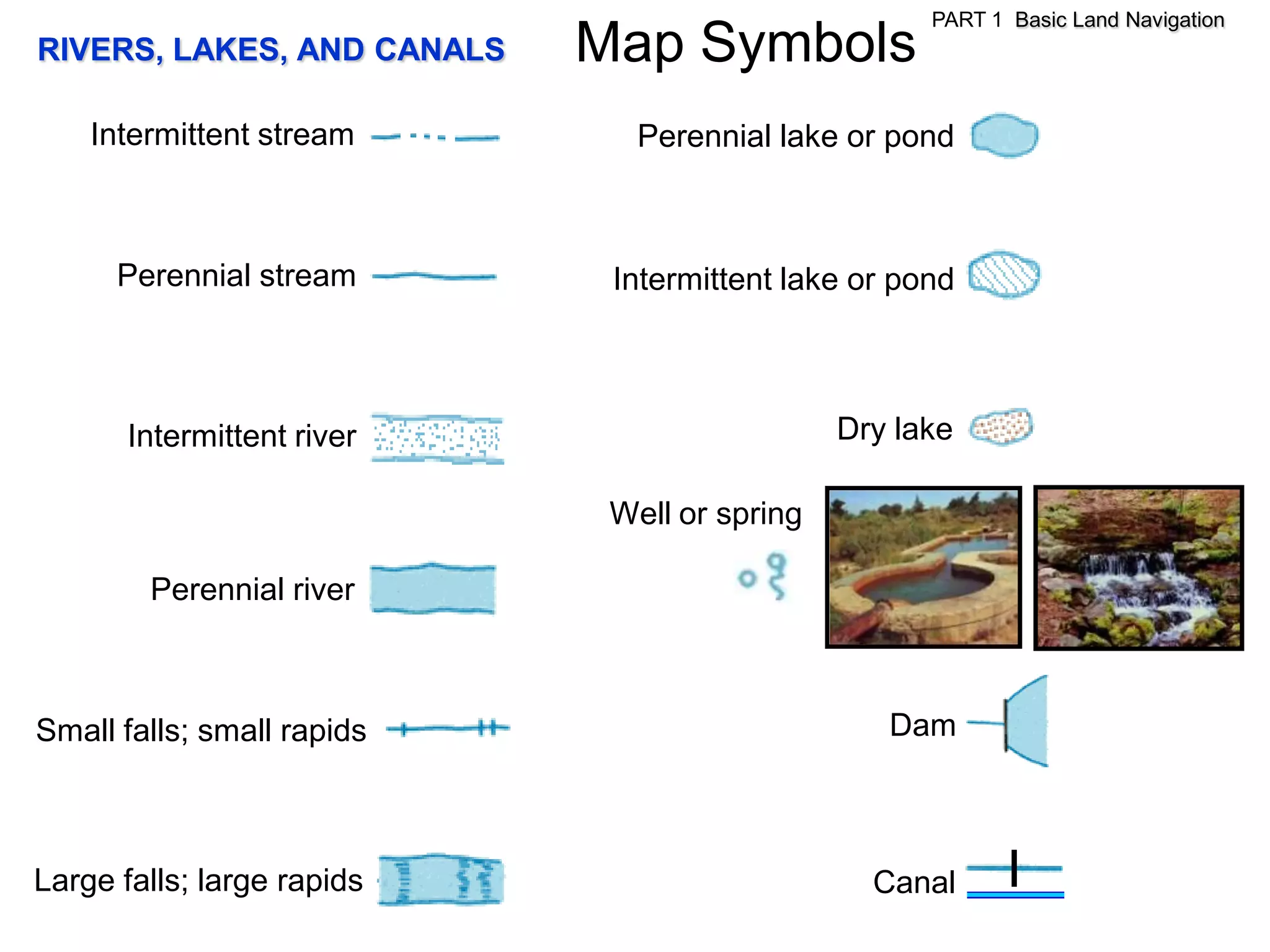 PART 1 Basic Land Navigation
RIVERS, LAKES, AND CANALS   Map Symbols
    Intermittent stream        Perennial lake or pond



      Perennial stream       Intermittent lake or pond



       Intermittent river                     Dry lake

                             Well or spring

        Perennial river



Small falls; small rapids                        Dam



Large falls; large rapids                       Canal
 