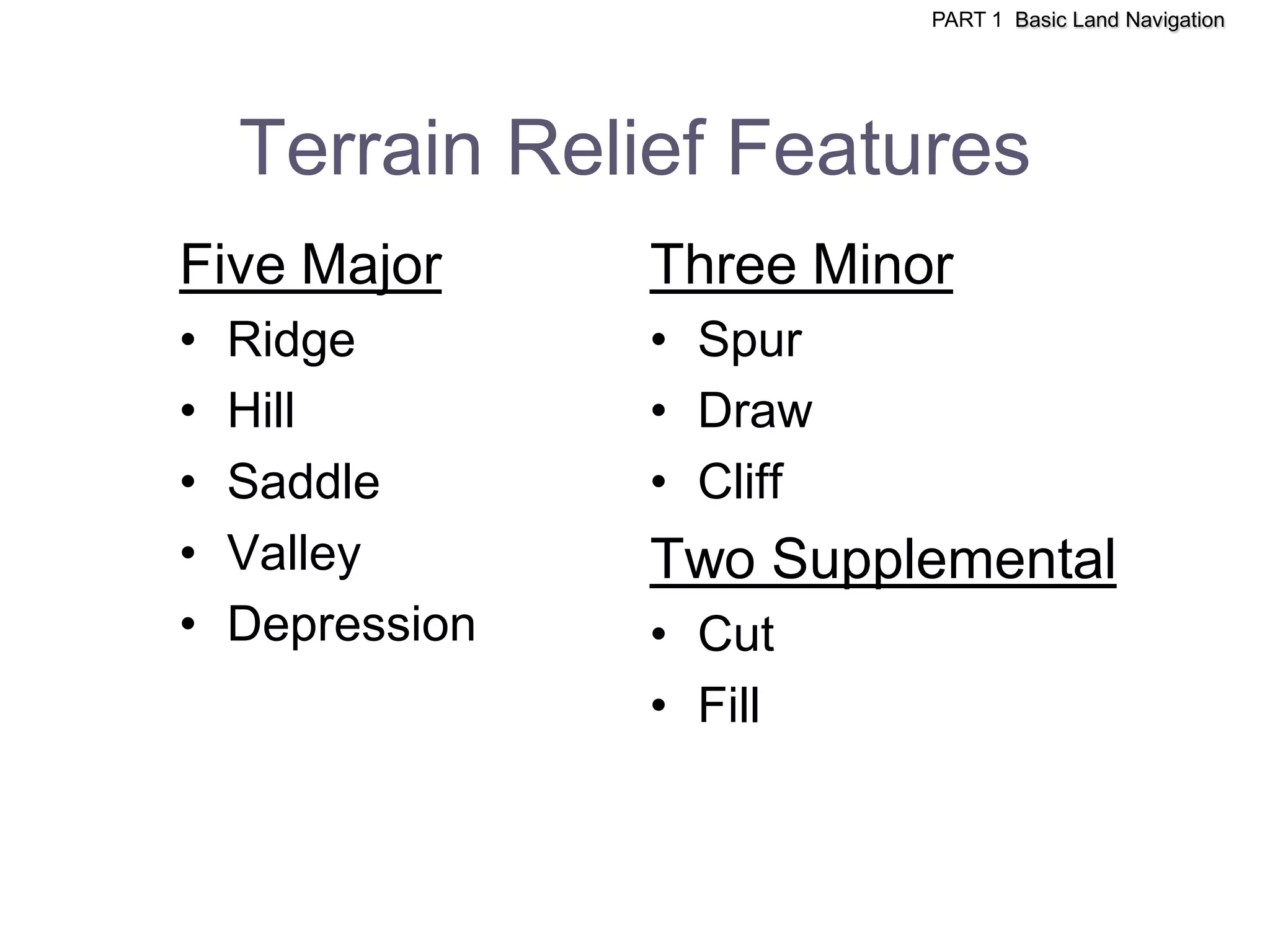 PART 1 Basic Land Navigation




    Terrain Relief Features
Five Major       Three Minor
•   Ridge        • Spur
•   Hill         • Draw
•   Saddle       • Cliff
•   Valley       Two Supplemental
•   Depression   • Cut
                 • Fill
 