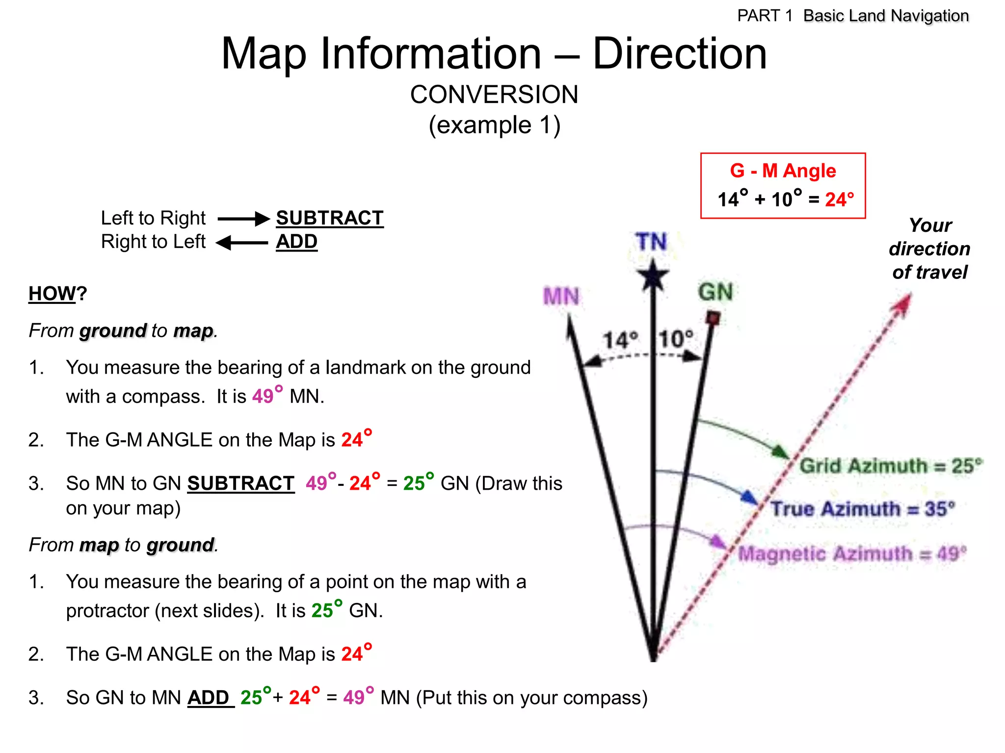PART 1 Basic Land Navigation

                        Map Information – Direction
                                           CONVERSION
                                            (example 1)
                                                                     G - M Angle
                                                                    14° + 10° = 24°
        Left to Right       SUBTRACT                                                      Your
        Right to Left       ADD                                                         direction
                                                                                        of travel
HOW?
From ground to map.
1.   You measure the bearing of a landmark on the ground
     with a compass. It is 49° MN.

2.   The G-M ANGLE on the Map is 24°

3.   So MN to GN SUBTRACT 49°- 24° = 25° GN (Draw this
     on your map)
From map to ground.
1.   You measure the bearing of a point on the map with a
     protractor (next slides). It is 25° GN.

2.   The G-M ANGLE on the Map is 24°

3.   So GN to MN ADD 25°+ 24° = 49° MN (Put this on your compass)
 