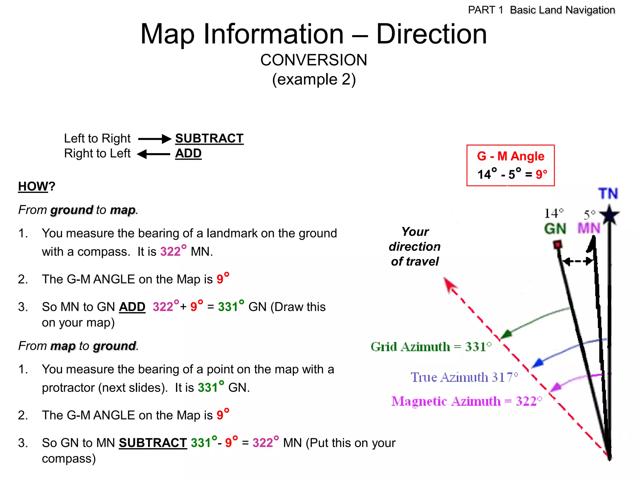 PART 1 Basic Land Navigation

                        Map Information – Direction
                                           CONVERSION
                                            (example 2)


        Left to Right       SUBTRACT
        Right to Left       ADD                                          G - M Angle
                                                                         14° - 5° = 9°
HOW?
From ground to map.
1.   You measure the bearing of a landmark on the ground      Your
     with a compass. It is 322° MN.                         direction
                                                            of travel
2.   The G-M ANGLE on the Map is 9°

3.   So MN to GN ADD 322°+ 9° = 331° GN (Draw this
     on your map)
From map to ground.
1.   You measure the bearing of a point on the map with a
     protractor (next slides). It is 331° GN.

2.   The G-M ANGLE on the Map is 9°

3.   So GN to MN SUBTRACT 331°- 9° = 322° MN (Put this on your
     compass)
 
