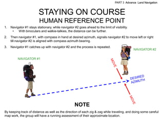PART 3 Advance Land Navigation



                          STAYING ON COURSE
                          HUMAN REFERENCE POINT
1.   Navigator #1 stays stationary, while navigator #2 goes ahead to the limit of visibility.
      •   With binoculars and walkie-talkies, the distance can be further.
2.   Then navigator #1, with compass in hand at desired azimuth, signals navigator #2 to move left or right
     till navigator #2 is aligned with compass azimuth bearing.
3.   Navigator #1 catches up with navigator #2 and the process is repeated.
                                                                                                NAVIGATOR #2

          NAVIGATOR #1




                                                     NOTE
By keeping track of distance as well as the direction of each zig & zag while traveling, and doing some careful
map work, the group will have a running assessment of their approximate location.
 