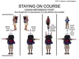 PART 3 Advance Land Navigation



                    STAYING ON COURSE
                             HUMAN REFERENCE POINT
               Even though this is a slow process, it is very effective when needed.
NAVIGATOR #2




                                                                 ON                        STOP
   MOVE                               MOVE                     COURSE                      I WILL
   THIS                               THIS                      MOVE                       CATCH
   WAY                                WAY                       AHEAD                        UP
                                                                                            WITH
                                                                                            YOU




NAVIGATOR #1
 