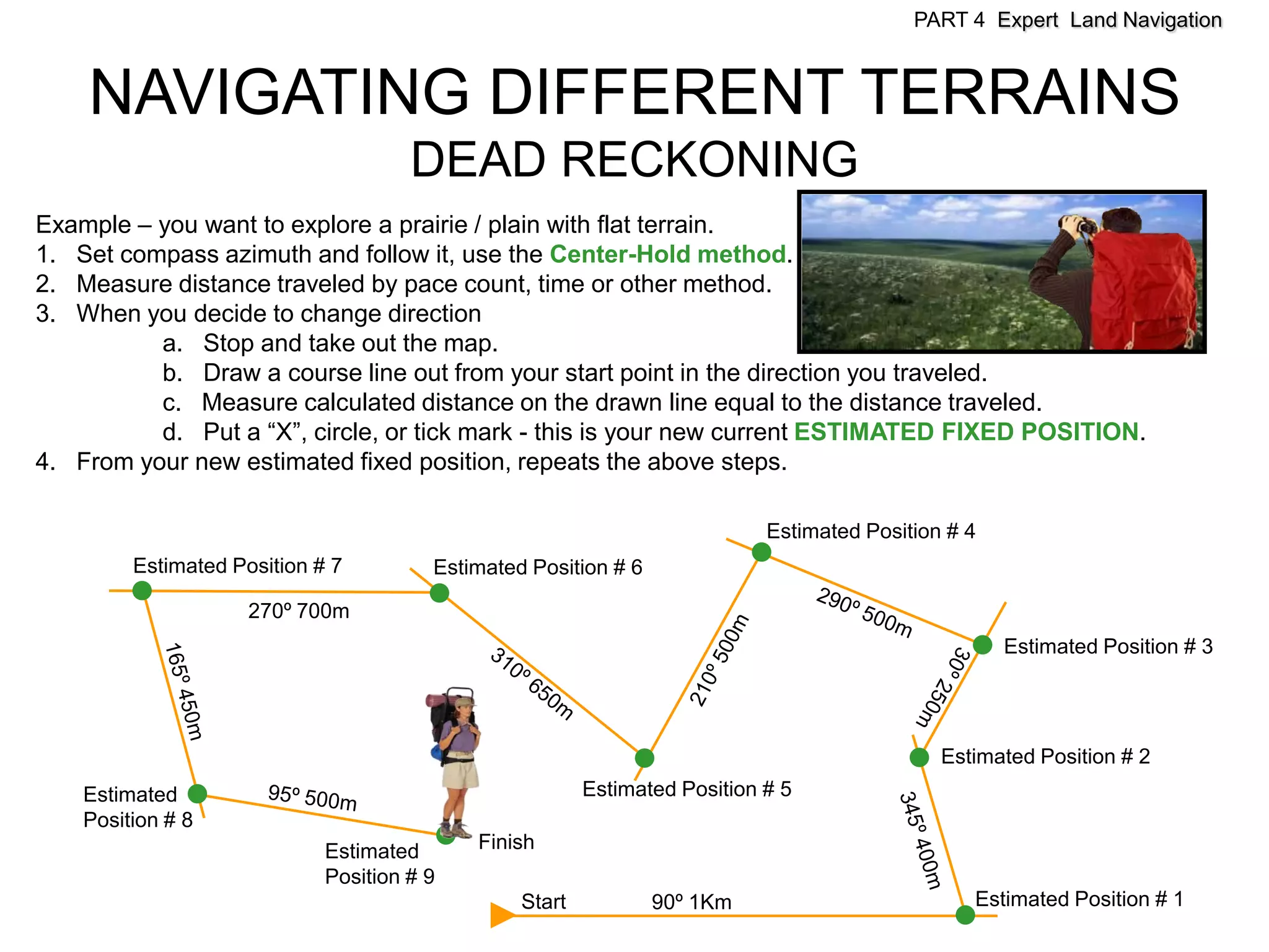 PART 4 Expert Land Navigation



    NAVIGATING DIFFERENT TERRAINS
                                      DEAD RECKONING
Example – you want to explore a prairie / plain with flat terrain.
1. Set compass azimuth and follow it, use the Center-Hold method.
2. Measure distance traveled by pace count, time or other method.
3. When you decide to change direction
          a. Stop and take out the map.
          b. Draw a course line out from your start point in the direction you traveled.
          c. Measure calculated distance on the drawn line equal to the distance traveled.
          d. Put a “X”, circle, or tick mark - this is your new current ESTIMATED FIXED POSITION.
4. From your new estimated fixed position, repeats the above steps.

                                                                            Estimated Position # 4
         Estimated Position # 7         Estimated Position # 6

                     270º 700m
                                                                                                     Estimated Position # 3




                                                                                              Estimated Position # 2
    Estimated                                            Estimated Position # 5
    Position # 8
                             Estimated      Finish
                             Position # 9
                                                 Start           90º 1Km                         Estimated Position # 1
 