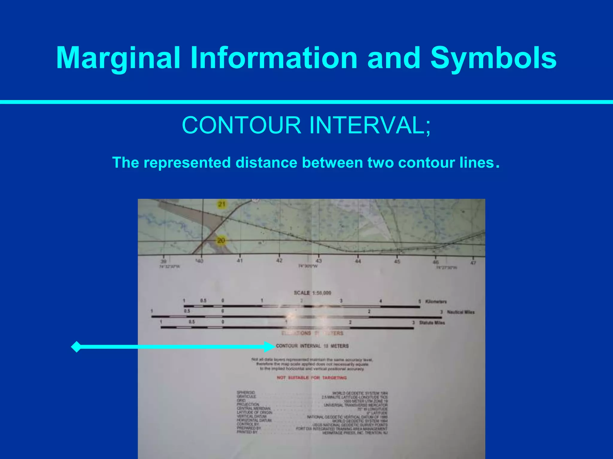 Marginal Information and Symbols
CONTOUR INTERVAL;
The represented distance between two contour lines.
 