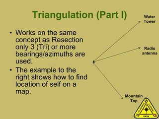 Triangulation (Part I) Works on the same concept as Resection only 3 (Tri) or more bearings/azimuths are used.  The example to the right shows how to find location of self on a map. Water Tower Radio antenna Mountain Top 