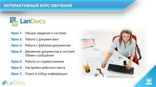 ИНТЕРАКТИВНЫЙ КУРС ОБУЧЕНИЯ
Урок 1. Общие сведения о системе
Урок 2. Работа с документами
Урок 3. Работа с файлами документам
Урок 4. Движение документов в системе.
Обмен сообщения
Урок 5. Работа со справочниками
Урок 6. Настройка рабочего места
Урок 7. Поиск и отбор информации
 