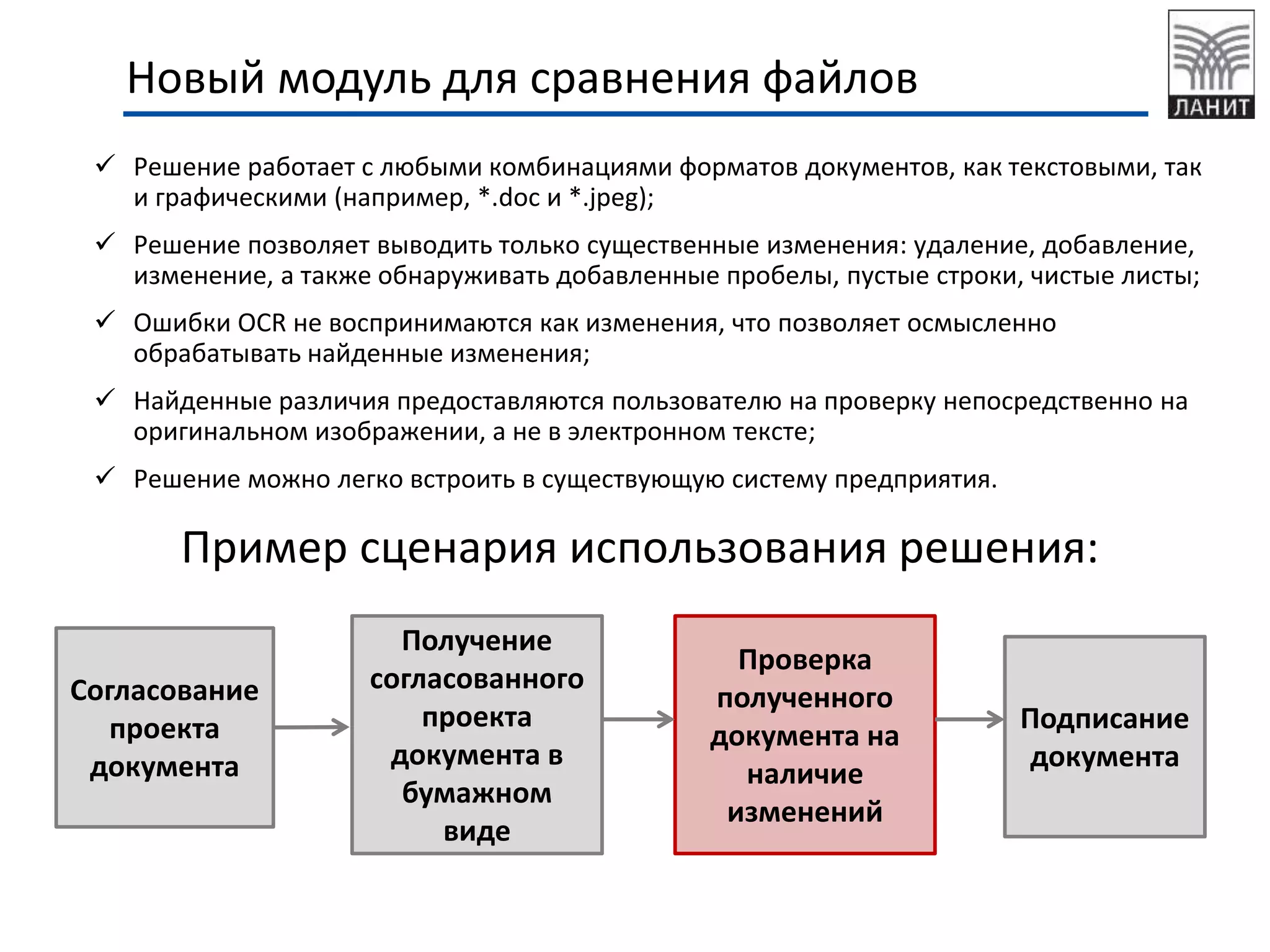  Решение работает с любыми комбинациями форматов документов, как текстовыми, так
и графическими (например, *.doc и *.jpeg);
 Решение позволяет выводить только существенные изменения: удаление, добавление,
изменение, а также обнаруживать добавленные пробелы, пустые строки, чистые листы;
 Ошибки OCR не воспринимаются как изменения, что позволяет осмысленно
обрабатывать найденные изменения;
 Найденные различия предоставляются пользователю на проверку непосредственно на
оригинальном изображении, а не в электронном тексте;
 Решение можно легко встроить в существующую систему предприятия.
Пример сценария использования решения:
Согласование
проекта
документа
Получение
согласованного
проекта
документа в
бумажном
виде
Проверка
полученного
документа на
наличие
изменений
Подписание
документа
Новый модуль для сравнения файлов
 