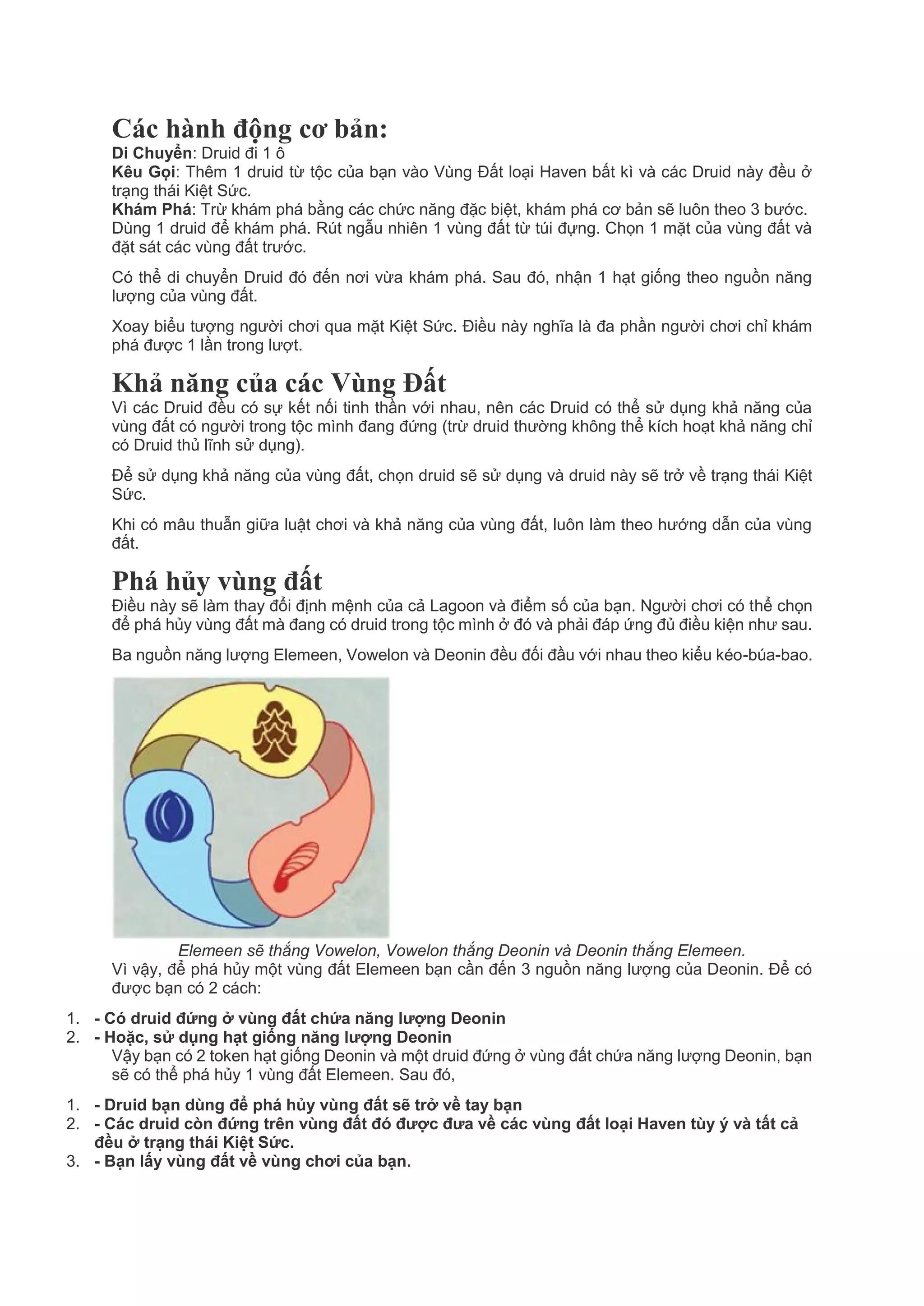 Các hành động cơ bản:
Di Chuyển: Druid đi 1 ô
Kêu Gọi: Thêm 1 druid từ tộc của bạn vào Vùng Đất loại Haven bất kì và các Druid này đều ở
trạng thái Kiệt Sức.
Khám Phá: Trừ khám phá bằng các chức năng đặc biệt, khám phá cơ bản sẽ luôn theo 3 bước.
Dùng 1 druid để khám phá. Rút ngẫu nhiên 1 vùng đất từ túi đựng. Chọn 1 mặt của vùng đất và
đặt sát các vùng đất trước.
Có thể di chuyển Druid đó đến nơi vừa khám phá. Sau đó, nhận 1 hạt giống theo nguồn năng
lượng của vùng đất.
Xoay biểu tượng người chơi qua mặt Kiệt Sức. Điều này nghĩa là đa phần người chơi chỉ khám
phá được 1 lần trong lượt.
Khả năng của các Vùng Đất
Vì các Druid đều có sự kết nối tinh thần với nhau, nên các Druid có thể sử dụng khả năng của
vùng đất có người trong tộc mình đang đứng (trừ druid thường không thể kích hoạt khả năng chỉ
có Druid thủ lĩnh sử dụng).
Để sử dụng khả năng của vùng đất, chọn druid sẽ sử dụng và druid này sẽ trở về trạng thái Kiệt
Sức.
Khi có mâu thuẫn giữa luật chơi và khả năng của vùng đất, luôn làm theo hướng dẫn của vùng
đất.
Phá hủy vùng đất
Điều này sẽ làm thay đổi định mệnh của cả Lagoon và điểm số của bạn. Người chơi có thể chọn
để phá hủy vùng đất mà đang có druid trong tộc mình ở đó và phải đáp ứng đủ điều kiện như sau.
Ba nguồn năng lượng Elemeen, Vowelon và Deonin đều đối đầu với nhau theo kiểu kéo-búa-bao.
Elemeen sẽ thắng Vowelon, Vowelon thắng Deonin và Deonin thắng Elemeen.
Vì vậy, để phá hủy một vùng đất Elemeen bạn cần đến 3 nguồn năng lượng của Deonin. Để có
được bạn có 2 cách:
1. - Có druid đứng ở vùng đất chứa năng lượng Deonin
2. - Hoặc, sử dụng hạt giống năng lượng Deonin
Vậy bạn có 2 token hạt giống Deonin và một druid đứng ở vùng đất chứa năng lượng Deonin, bạn
sẽ có thể phá hủy 1 vùng đất Elemeen. Sau đó,
1. - Druid bạn dùng để phá hủy vùng đất sẽ trở về tay bạn
2. - Các druid còn đứng trên vùng đất đó được đưa về các vùng đất loại Haven tùy ý và tất cả
đều ở trạng thái Kiệt Sức.
3. - Bạn lấy vùng đất về vùng chơi của bạn.
 
