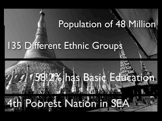 Population of 48 Million
4th Poorest Nation in SEA
135 Different Ethnic Groups
58.2% has Basic Education
 