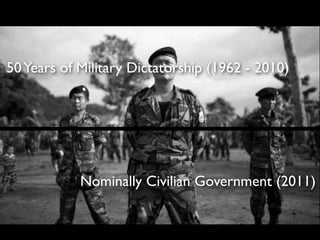 Nominally Civilian Government (2011)
50Years of Military Dictatorship (1962 - 2010)
 