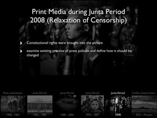 Print Media during Junta Period
2008 (Relaxation of Censorship)
‣ Constitutional rights were brought into the picture
‣ examine existing practice of press policies and deﬁne how it should be
changed
Post-colonisation Junta Period Junta Period Junta Period Junta Period Civilian Government
1948 - 1961 1962 - 1987 1988 - 2004 2005 - 2007 2008 2011 - Present
 