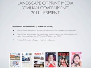 3-step Media Reform Process (Current and Future)
• Phase 1 - Publish without prior approval from the Press Scrutiny and Registration Department
• Phase 2 - New print media law that ensures press freedom in accord with the Constitution and
replace the existing Registration of Printers and Publishers Law (1962)
• Ministry of Information will support the private media sector
LANDSCAPE OF PRINT MEDIA
(CIVILIAN GOVERNMENT)
2011 - PRESENT
 