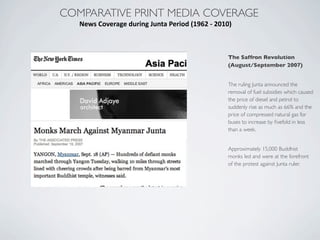 COMPARATIVE PRINT MEDIA COVERAGE
News	
  Coverage	
  during	
  Junta	
  Period	
  (1962	
  -­‐	
  2010)
The Saffron Revolution
(August/September 2007)
The ruling Junta announced the
removal of fuel subsidies which caused
the price of diesel and petrol to
suddenly rise as much as 66% and the
price of compressed natural gas for
buses to increase by ﬁvefold in less
than a week.
Approximately 15,000 Buddhist
monks led and were at the forefront
of the protest against Junta ruler.
 
