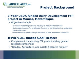Project Background

- 3-Year USDA funded Dairy Development FFP
  project in Manica, Mozambique
   Objectives include:
    - to rebuild Mozambique’s dairy industry to meet market demand
    - to increase incomes for smallholder farmers by participation in a sustainable
      dairy value chain
    - to increase crop yields through utilization of draft animals for cultivation.


- IFPRI/ILRI-funded GAAP project
   Complement the existing FFP project adding gender
    research component
   “Gender, Agriculture, and Assets Research Project”
 