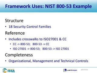 @NTXISSA
Structure
• 18 Security Control Families
Reference
• Includes crosswalks to ISO27001 & CC
• CC -> 800-53; 800-53 -> CC
• ISO 27001 -> 800-53; 800-53 -> ISO 27001
Completeness
• Organizational, Management and Technical Controls
Framework Uses: NIST 800-53 Example
 