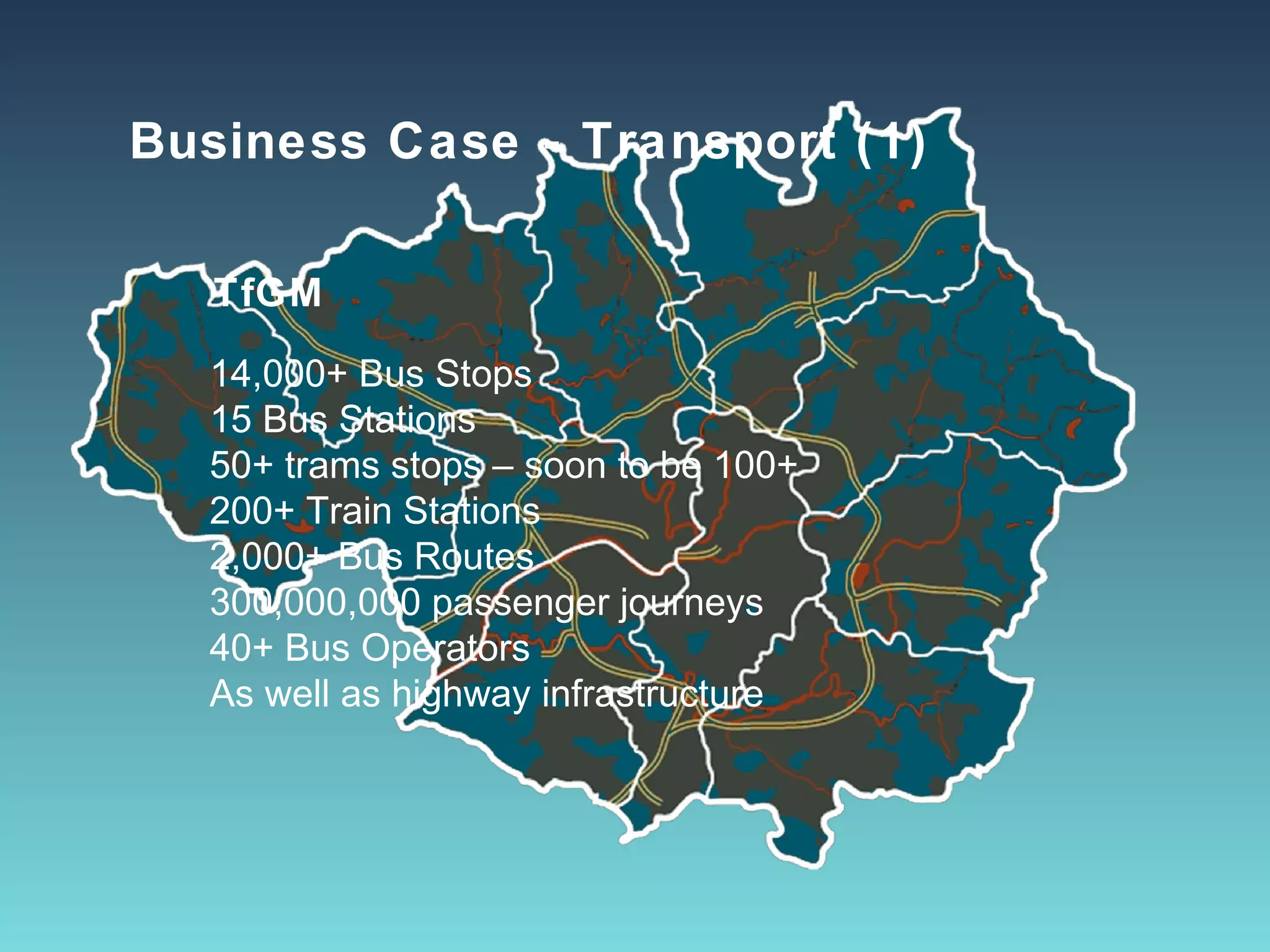 Business Case - Transport (1)

 TfGM

 14,000+ Bus Stops
 15 Bus Stations
 50+ trams stops – soon to be 100+
 200+ Train Stations
 2,000+ Bus Routes
 300,000,000 passenger journeys
 40+ Bus Operators
 As well as highway infrastructure
 