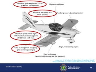 Sport Aviation Safety
19Federal Aviation
Administration
Image from: “A CFI’s Guide To Sport Pilot and Light Sport Aircraft.”
– Produced for NAFI by Aviation Supplies & Academics, Inc (ASA), 2010.
 