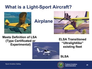 Sport Aviation Safety
20Federal Aviation
Administration
Airplane
What is a Light-Sport Aircraft?
ELSA Transitioned
“Ultralightlike”
existing fleet
SLSA
Meets Definition of LSA
(Type Certificated or
Experimental)
 