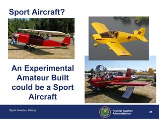 Sport Aviation Safety
25Federal Aviation
Administration
Sport Aircraft?
An Experimental
Amateur Built
could be a Sport
Aircraft
 
