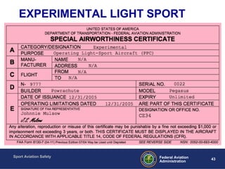 Sport Aviation Safety
43Federal Aviation
Administration
EXPERIMENTAL LIGHT SPORT
 