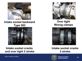 Sport Aviation Safety
76Federal Aviation
Administration
Intake socket backward
Type 503
Intake socket cracks
2 stroke
Intake socket cracks
and over tight 2 stroke
Over tight
Wrong clamps
 