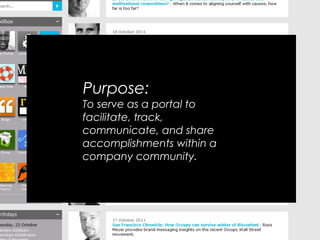Purpose:
To serve as a portal to
facilitate, track,
communicate, and share
accomplishments within a
company community.
