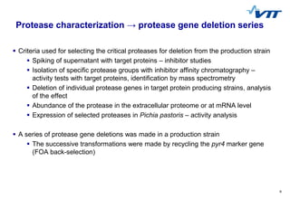 9
Protease characterization → protease gene deletion series
 Criteria used for selecting the critical proteases for delet...
