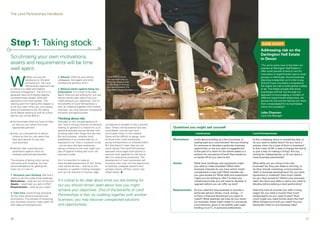 The Land Partnerships Handbook




Step 1: Taking stock                                                                                                                                                                                            CASE STUDY

                                                                                                                                                                                                               Addressing risk on the
                                                                                                                                                                                                               Dartington Hall Estate
Scrutinising your own motivations,                                                                                                                                                                             in Devon
assets and requirements will be time                                                                                                                                                                           “For some years now, it has been our
well spent.                                                                                                                                                                                                    practice at Dartington Hall Estate to
                                                                                                                                                                                                               offer small parcels of land to rent for




W
                                                                                                                                                                                                               innovative or experimental uses to local
               hether you are the           3. Discuss. What do your family,              Land Partnerships                                                                                                    groups or individuals. Sound business
               landowner or the land        colleagues, land agent and other              are not restricted to                                                                                                planning is essential, as it is fair to say
                                                                                          farming. Enterprises
               entrepreneur, the Land       professional advisers think?                                                                                                                                       that the more innovative a proposal is,
                                                                                          at Dartington include
               Partnerships approach has                                                  the development of a
                                                                                                                                                                                                               the higher the risk to both parties is likely
to result in a viable and realistic         4. Balance clarity against being too          woodland products hub                                                                                                to be. The Estate accepts that some
business arrangement. The aim is to         prescriptive. It’s critical to be clear                                                                                                                            businesses will fail, but through our
generate value by bringing together         about what you are looking for, but you                                                                                                                            approach of encouraging a number of
complementary assets, skills and            should remain open about how you                                                                                                                                   different experimental enterprises, we
aspirations from both parties. The          might achieve your objectives. One of                                                                                                                              spread the risk and the failures are more
starting point for making this happen is    the benefits of Land Partnerships is                                                                                                                               than compensated for by businesses
to be very clear what your own assets,      that, by clubbing together with another                                                                                                                            which are successful.”
skills and aspirations are. By taking       business, you may discover unexpected
stock before starting to look for a land    solutions and opportunities.                                                                                                                                       John Channon
partner you will be able to:                                                                                                                                                                                   Land Use Manager
                                            Thinking about risk
n   C
     ommunicate what you have to offer,    Attitudes to risk, and perceptions of
    so that you can attract the most        risk, have a strong influence on decision    compliance or breadth of the customer
    appropriate partners                    making. In general it is natural for us to   base. Others will be external and less     Questions you might ask yourself
                                            perceive activities we are familiar with     controllable, such as input and
n   Draw up a focused set of search       as being safer than things that are new.     commodity costs, or the weather.                           Landowner                                           Land Entrepreneur
      criteria so that you can select the   But any business, whether long-              Some will be difficult to gauge, such
      best land partner for you and         established or an untried start-up, is       as those from novel enterprises,           Motivations    Is this about building up a farm business, or        Is this a stepping stone to something else, or
      your business                         exposed to risk. And in uncertain times      young entrepreneurs or untested plans.                    scaling back your commitment? Are you looking        do you want to settle down? Do you have a
                                            – as we face with land enterprise –          But that doesn’t mean they are not                        for someone to develop a particular business         precise vision for a type of farm or business?
n   I
     dentify clear outcomes and            taking a chance on the new might just        worth taking. The Land Partnerships                       opportunity, or are you open to suggestions?         Is this a way of life, a way to change the world,
    parameters against which to             pay off against holding fast to an old       approach encourages both parties to                       Is this part of a vision for the whole estate or a   or just a way of making a living? Are you
    evaluate potential partnerships         business model.                              examine their appetite for risk and to                    solution for one parcel of land? How hands-on        aiming for independence, or do you want a
                                                                                         plan for uncertainty proactively. The                     or hands-off do you want to be?                      close business partnership?
The process of taking stock can be          So it is important to make an                development of new businesses will
instructive and revealing. Our key          even-handed assessment of risk. Some         introduce new risks; but the opportunity   Assets         What land, buildings, and equipment might            What skills can you bring to the new
recommendations for getting the             risks will be familiar – internal to the     to diversify, integrate systems and                       you wish to make available? What other               business? Do they just relate to farming, or
most out of it are to:                      business or capable of being managed,        perhaps reduce off-farm inputs may                        business interests do you have which might           do they include marketing, communication,
                                            such as the diversity of income, legal       offset others. n                                          complement a new one? What markets can               retail or business development? Do you have
1. Structure your thinking. We find it                                                                                                             you give access to? What skills and experience       equipment or livestock? How much capital
useful to do this under three headings:                                                                                                            might you be willing to offer? Is there any          do you have access to? What’s your business
Motivations – what are you in this for?     It’s critical to be clear about what you are looking for,                                              infrastructure that you will need to develop or      idea? Are there any skills or plans you need to
Assets – what have you got to offer?                                                                                                               upgrade before you can offer up land?                develop before seeking a land partnership?
Requirements – what do you need?
                                            but you should remain open about how you might
                                            achieve your objectives. One of the benefits of Land                                    Requirements   Do you need the new business to provide a            Does this have to provide you with a living
2. Take time. Avoid simply plumping                                                                                                                particular service (straw, muck, energy…)?           wage? Do you need a house? How much
for the most obvious answers and            Partnerships is that, by clubbing together with another                                                Is there a financial benchmark you need to           land/property do you need to start? How
conclusions. The process of reviewing
your business situation might spark off
                                            business, you may discover unexpected solutions                                                        match? What absolute red lines do you have?
                                                                                                                                                   For example, these might relate to contractual
                                                                                                                                                                                                        much might you need further down the line?
                                                                                                                                                                                                        What infrastructure will you need? Are you
new ideas and perspectives.                 and opportunities.                                                                                     commitments, grant or tax pitfalls (see Legal        absolutely fixed on one business idea?
                                                                                                                                                   briefing on p17), or personal preferences.



06                                                                                                                                                                                                                                                         07
 