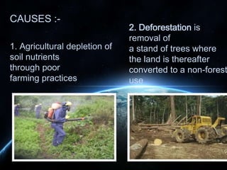 CAUSES :1. Agricultural depletion of
soil nutrients
through poor
farming practices

2. Deforestation is
removal of
a stand of trees where
the land is thereafter
converted to a non-forest
use

 