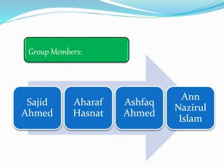 Group Members:
Sajid
Ahmed
Aharaf
Hasnat
Ashfaq
Ahmed
Ann
Nazirul
Islam
 