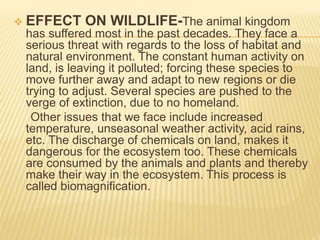  EFFECT ON WILDLIFE-The animal kingdom
has suffered most in the past decades. They face a
serious threat with regards to the loss of habitat and
natural environment. The constant human activity on
land, is leaving it polluted; forcing these species to
move further away and adapt to new regions or die
trying to adjust. Several species are pushed to the
verge of extinction, due to no homeland.
Other issues that we face include increased
temperature, unseasonal weather activity, acid rains,
etc. The discharge of chemicals on land, makes it
dangerous for the ecosystem too. These chemicals
are consumed by the animals and plants and thereby
make their way in the ecosystem. This process is
called biomagnification.
 