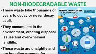 NON-BIODEGRADABLE WASTE
•These waste take thousands of
years to decay or never decay
at all.
•They accumulate in the
environment, creating disposal
issues and overwhelmed
landfills.
•These waste are unsightly and
 