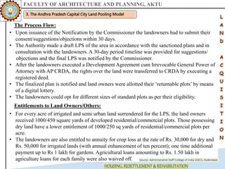FACULTY OF ARCHITECTURE AND PLANNING, AKTU
HOUSING, RESETTLEMENT & REHABILITATION
3. The Andhra Pradesh Capital City Land Pooling Model
• Upon issuance of the Notification by the Commissioner the landowners had to submit their
consent/suggestions/objections within 30 days.
• The Authority made a draft LPS of the area in accordance with the sanctioned plans and in
consultation with the landowners. A 30-day period timeline was provided for suggestions/
objections and the final LPS was notified by the Commissioner.
• After the landowners executed a Development Agreement cum Irrevocable General Power of
Attorney with AP CRDA, the rights over the land were transferred to CRDA by executing a
registered deed.
• The finalized plan is notified and land owners were allotted their ‘returnable plots’ by means
of a digital lottery.
• The landowners could opt for different sizes of standard plots as per their eligibility.
Source- Administrative Staff College of India (ASCI), Hyderabad.
The Process Flow:
Entitlements to Land Owners/Others:
• For every acre of irrigated and semi urban land surrendered for the LPS, the land owners
received 1000/450 square yards of developed residential/commercial plots. Those possessing
dry land have a lower entitlement of 1000/250 sq yards of residential/commercial plots per
acre.
• The landowners are also entitled to annuity for crop loss at the rate of Rs. 30,000 for dry and
Rs. 50,000 for irrigated lands (with annual enhancement of ten percent); one time additional
payment up to Rs 1 lakh for gardens. Agricultural loans amounting to Rs. 1.50 lakh in
agriculture loans for each family were also waived off.
 