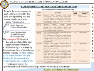 FACULTY OF ARCHITECTURE AND PLANNING, AKTU
HOUSING, RESETTLEMENT & REHABILITATION
LAND POOLING AND READJUSTMENT EXPERIENCE IN INDIA
In India the urban planning in
each state is governed by the
state Town planning acts and
several development acts.
1960 Model Town and
Country Planning Law
1985 Model Regional and
Town Planning and
Development Law
TCPO FORMULATED
The concept of TPS implies
• Pooling together all the land
under different ownership
• Redistributing it in a properly
Reconstituted form after deducting
the land required for open-spaces,
social infrastructures, services,
housing for the economically
weaker section and road network.
• The process enables the
government/local authority to develop the land without fully Acquiring it.
 