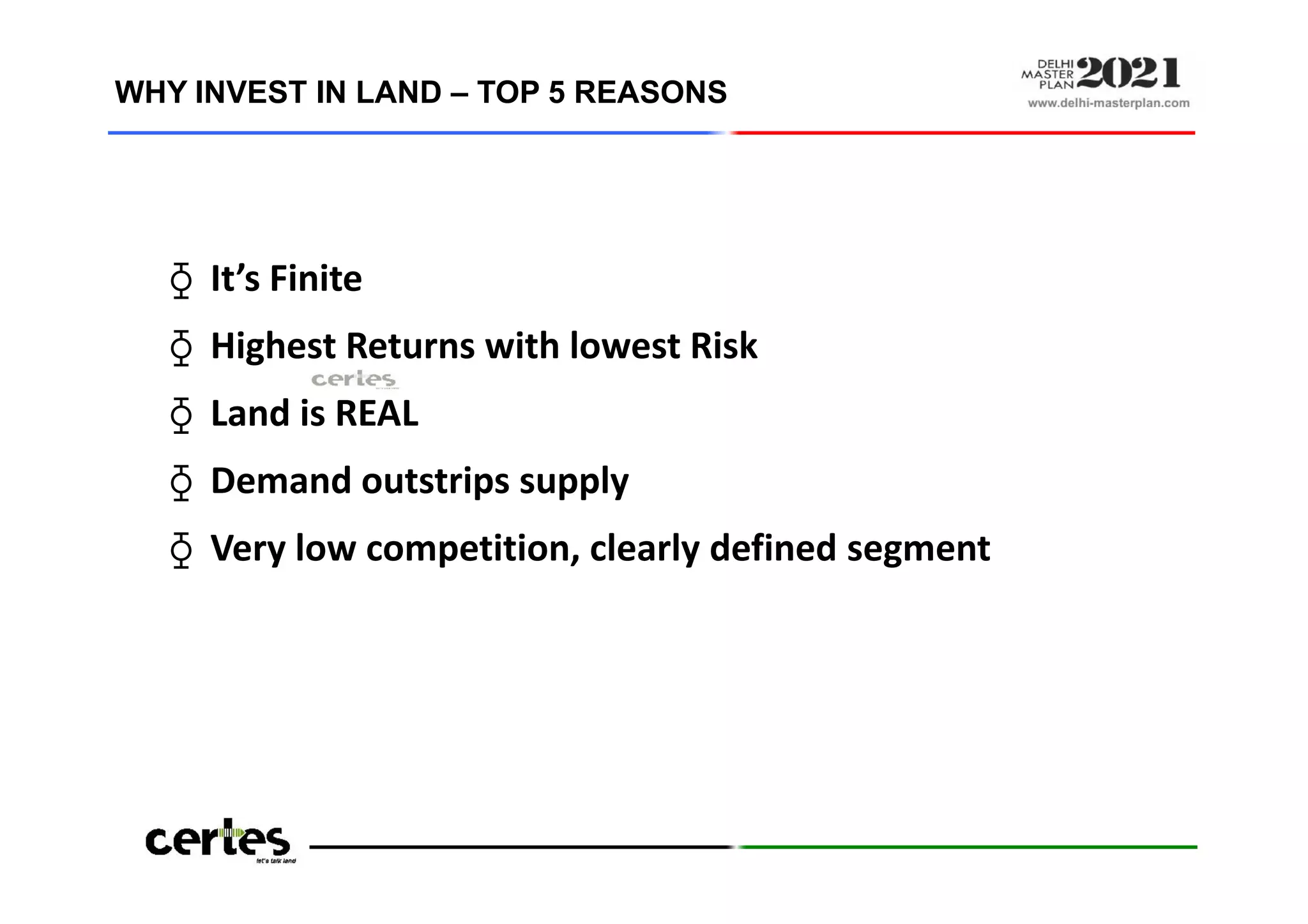 WHY INVEST IN LAND – TOP 5 REASONS
⧲ It’s Finite
⧲ Highest Returns with lowest Risk
⧲ Land is REAL
⧲ Demand outstrips supply
⧲ Very low competition, clearly defined segment
⧲ It’s Finite
⧲ Highest Returns with lowest Risk
⧲ Land is REAL
⧲ Demand outstrips supply
⧲ Very low competition, clearly defined segment
Source: CERTES research amongst TA investor community in Delhi NCR
 