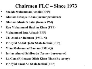  Sheikh Muhammad Rashid (PPP)
 Ghulam Ishaque Khan (former president)
 Ghulam Mustafa Jatoi (former PM)
 Rao Muhammad Hashim Khan (PPP)
 Muhammad Issa Abbasi (PPP)
 Ch. Asad-ur-Rehman (PML-N)
 Pir Syed Abdul Qadir Shah Jeelani (PPP)
 Mian Muhammad Zaman (PML-Q)
 Imtiaz Ahmed Sahibzada (former bureaucrat)
 Lt. Gen. (R) Inayat Ollah Khan Niazi (Ex-Army)
 Pir Syed Fazal Ali Shah Jeelani (PPP)
Chairmen FLC – Since 1973
27
 