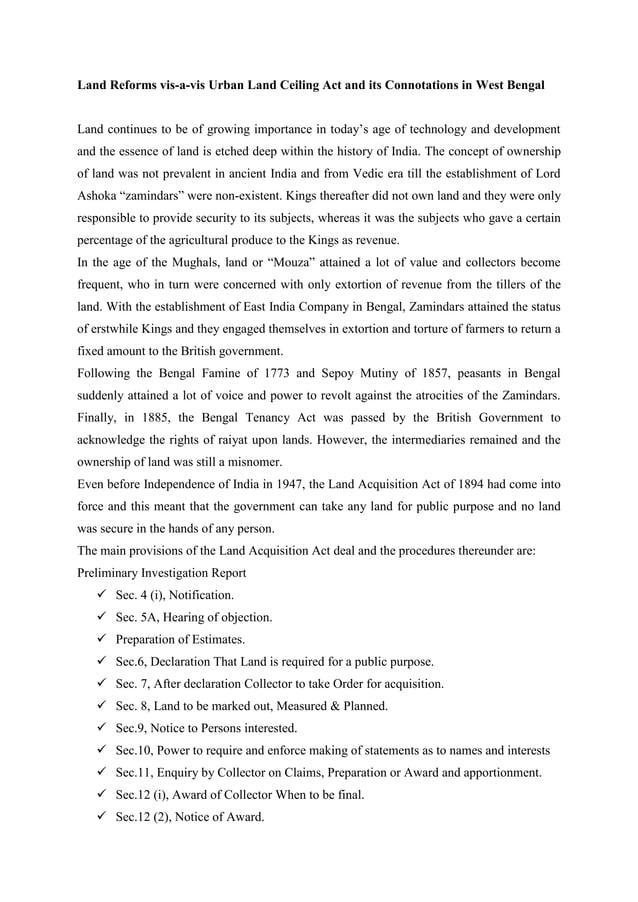Land reforms vis avis urban land ceiling act and its connotations in