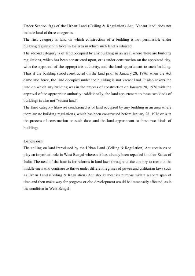 Land Reforms Vis A Vis Urban Land Ceiling Act And Its Connotations In