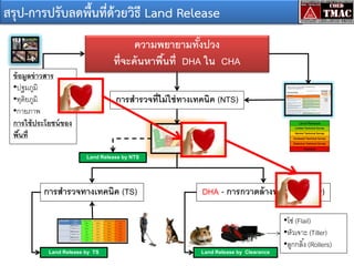 สรุป-การปรับลดพื้นที่ด้วยวิธี Land Release
ความพยายามทังปวง
้
ที่จะค้ นหาพืนที่ DHA ใน CHA
้
ข้ อมูลข่ าวสาร
•ปฐมภูมิ
•ทุติยภูมิ
•กายภาพ
การใช้ ประโยชน์ ของ
พืนที่
้

การสารวจที่ไม่ ใช่ ทางเทคนิค (NTS)

Land Release by NTS

การสารวจทางเทคนิค (TS)

ตารางสุ่ ม

Land Release by TS

DHA - การกวาดล้ างทุ่นระเบิด (Clr)
•โซ่ (Flail)
•หัวเจาะ (Tiller)
•ลูกกลิ ้ง (Rollers)
Land Release by Clearance

 
