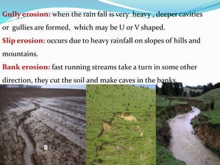 Gully erosion: when the rain fall is very heavy , deeper cavities
or gullies are formed, which may be U or V shaped.
Slip erosion: occurs due to heavy rainfall on slopes of hills and
mountains.
Bank erosion: fast running streams take a turn in some other
direction, they cut the soil and make caves in the banks.
 