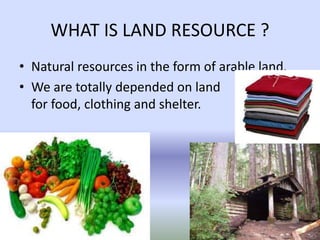 WHAT IS LAND RESOURCE ?
• Natural resources in the form of arable land.
• We are totally depended on land
for food, clothing and shelter.
 